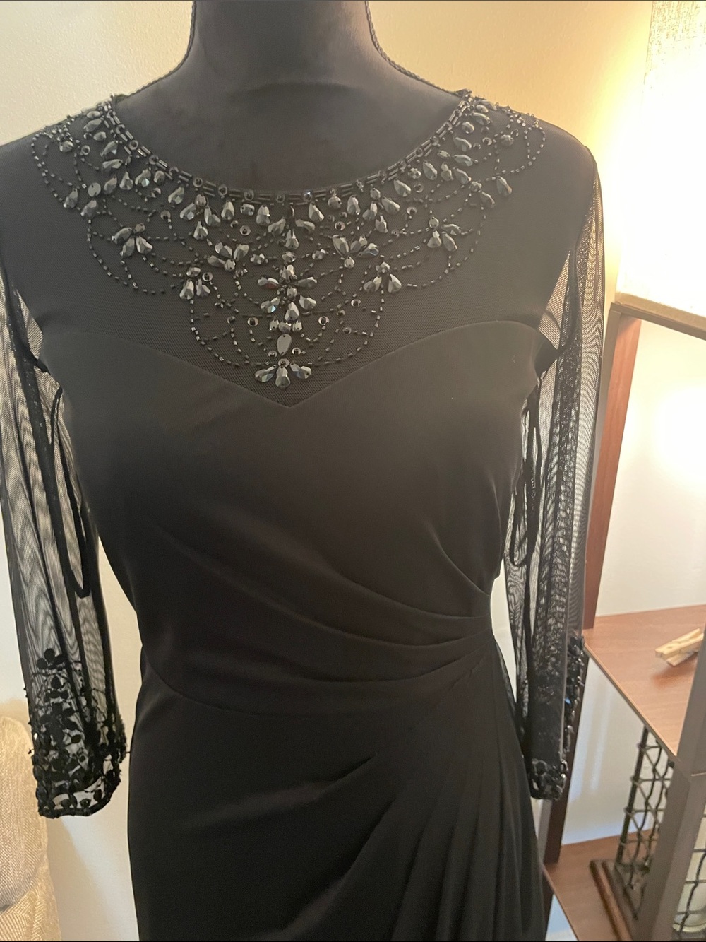 Patra Black Long-Sleeve Beaded Yoke Evening Dress